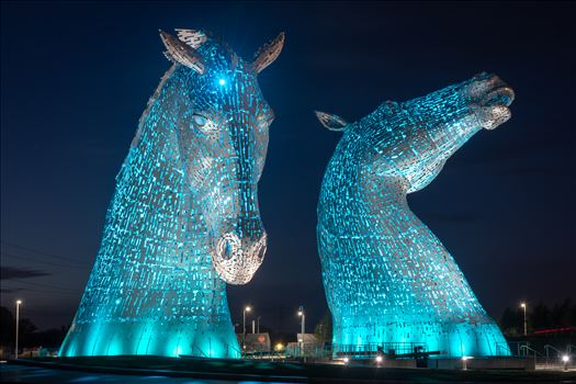 The Kelpies, Falkirk, Scotland - Blue - Built of structural steel with a stainless steel cladding, The Kelpies are 30 metres high and weigh 300 tonnes each. Construction began in June 2013