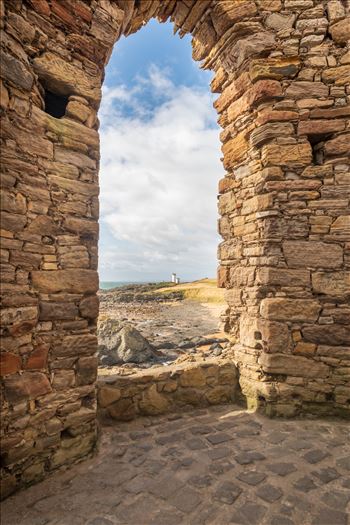 Lady Elie Tower, looking towards Elie lighthouse through arched window.  A changing tower for Lady Anstruther when bathing in the 1770s.
